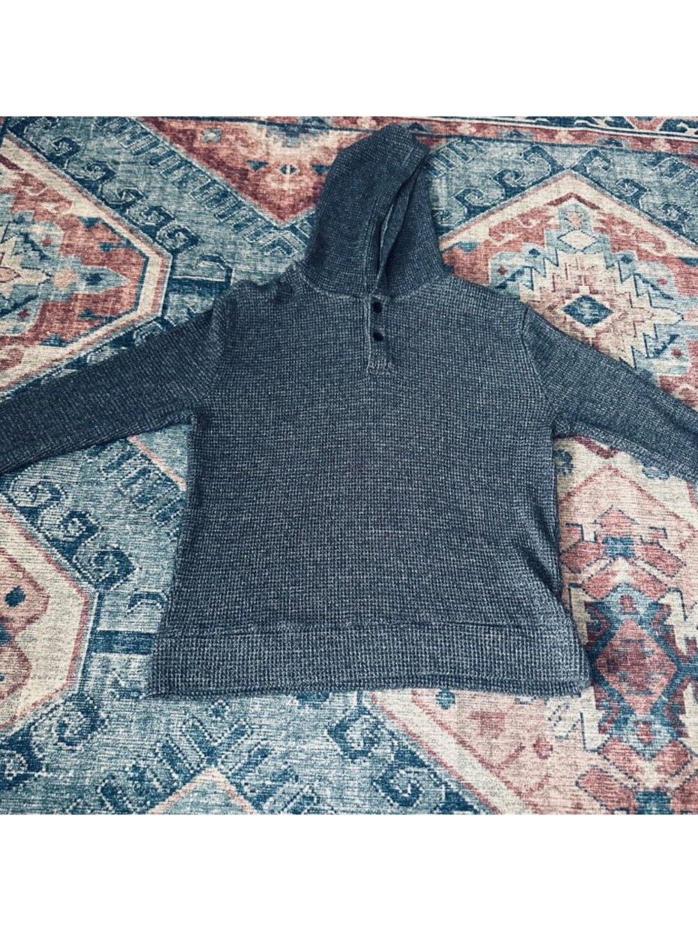 Express Mens Waffle Knit Hooded Pullover Sweater M Charcoal Gray Cotton Blend